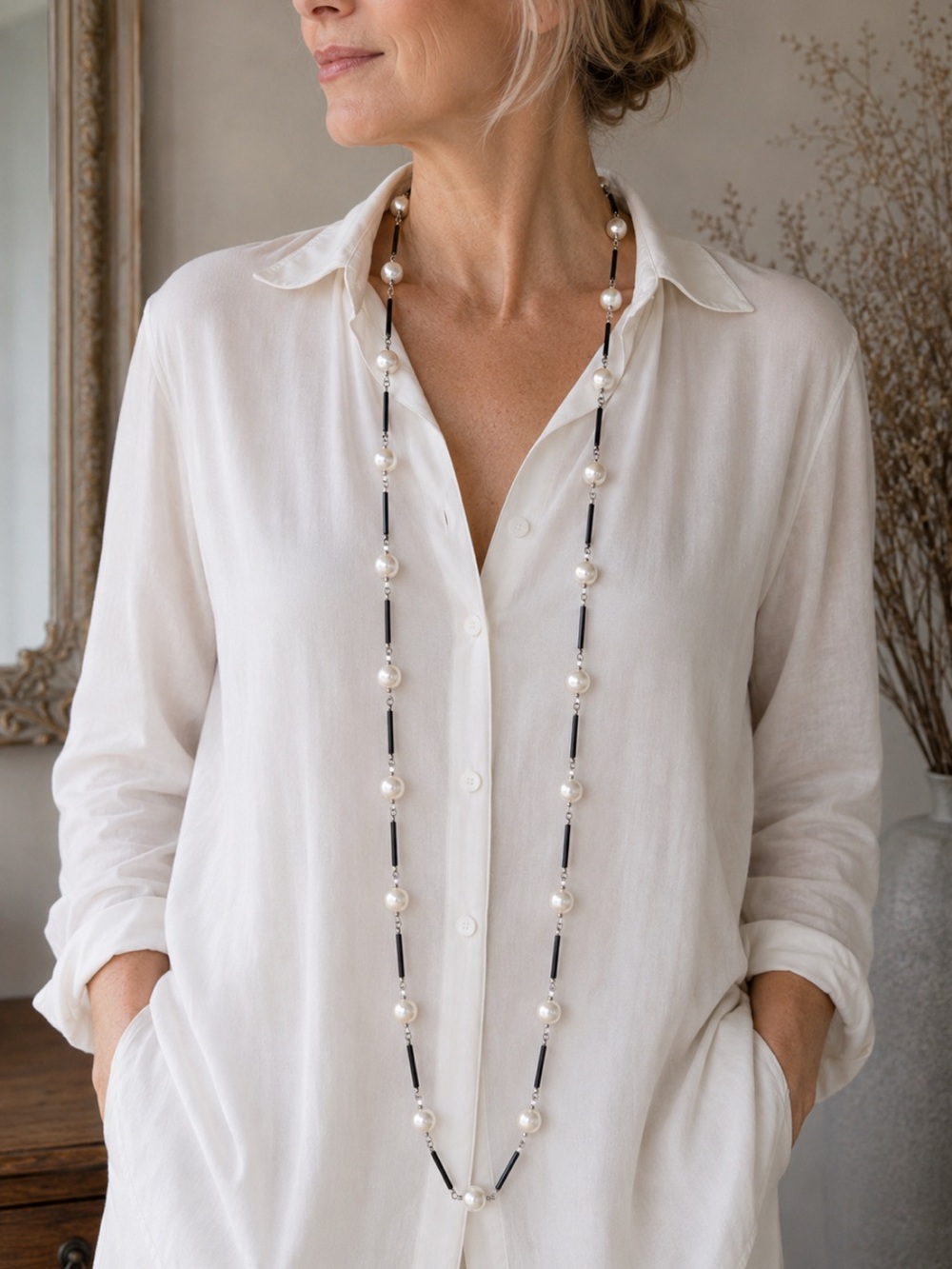 Classic Faux Pearl & Black Tube Bead Opera Necklace